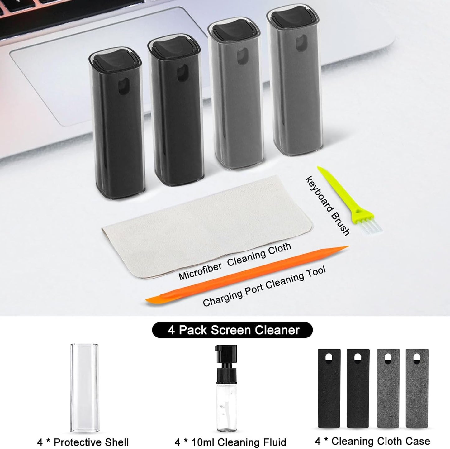 walrfid 2 Pack Car Screen Cleaner, Computer Screen Cleaner Spray and Wipe, Laptop Cleaning Mist Kit for Electronic iPad, iPhone, Phone, MacBook, TV, Monitor Display, WF-4pcsPW-BlackGrey