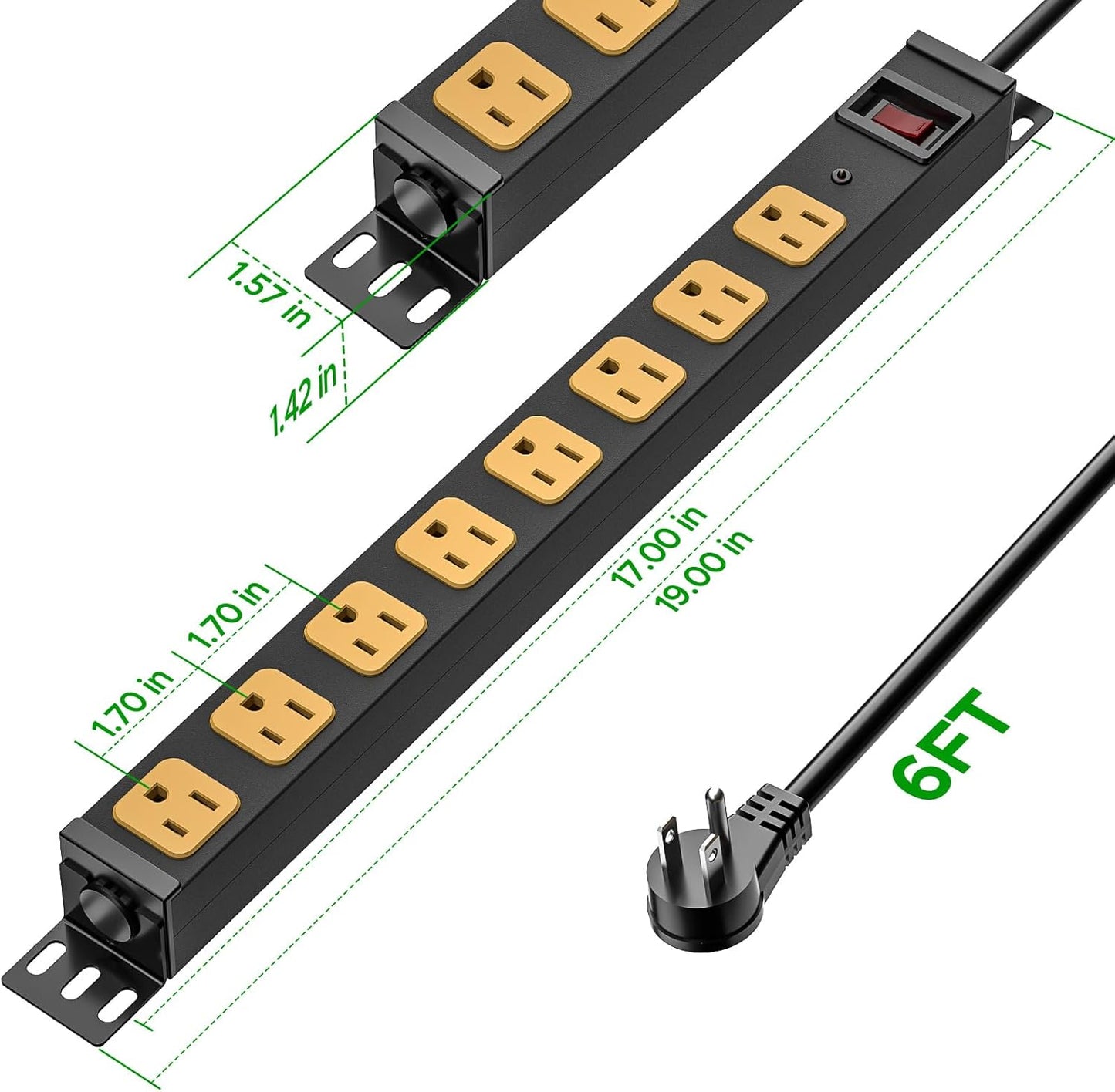 CRST 8 Outlet Metal Heavy Duty Power Strip, 2100 Joules Mountable Surge Protector Power Strip, Slim Power Bar with 6ft 14AWG Cord, ETL Listed