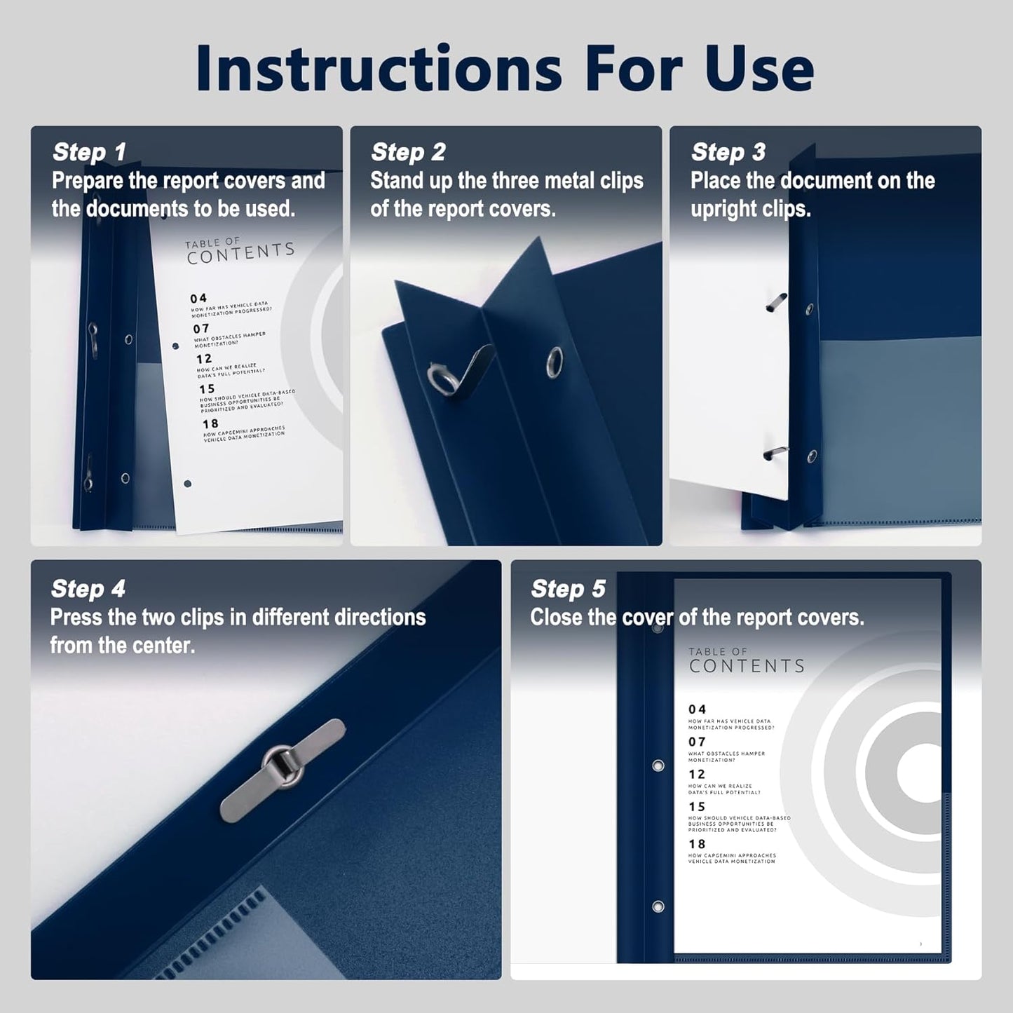 Ndsox 5 Packs Clear Front Report Covers with 3-Prong Fasteners Plastic Project Presentation Folders Resume Document Covers with Navy Blue Back for 8.5x11 Letter Size Paper for School Office Business