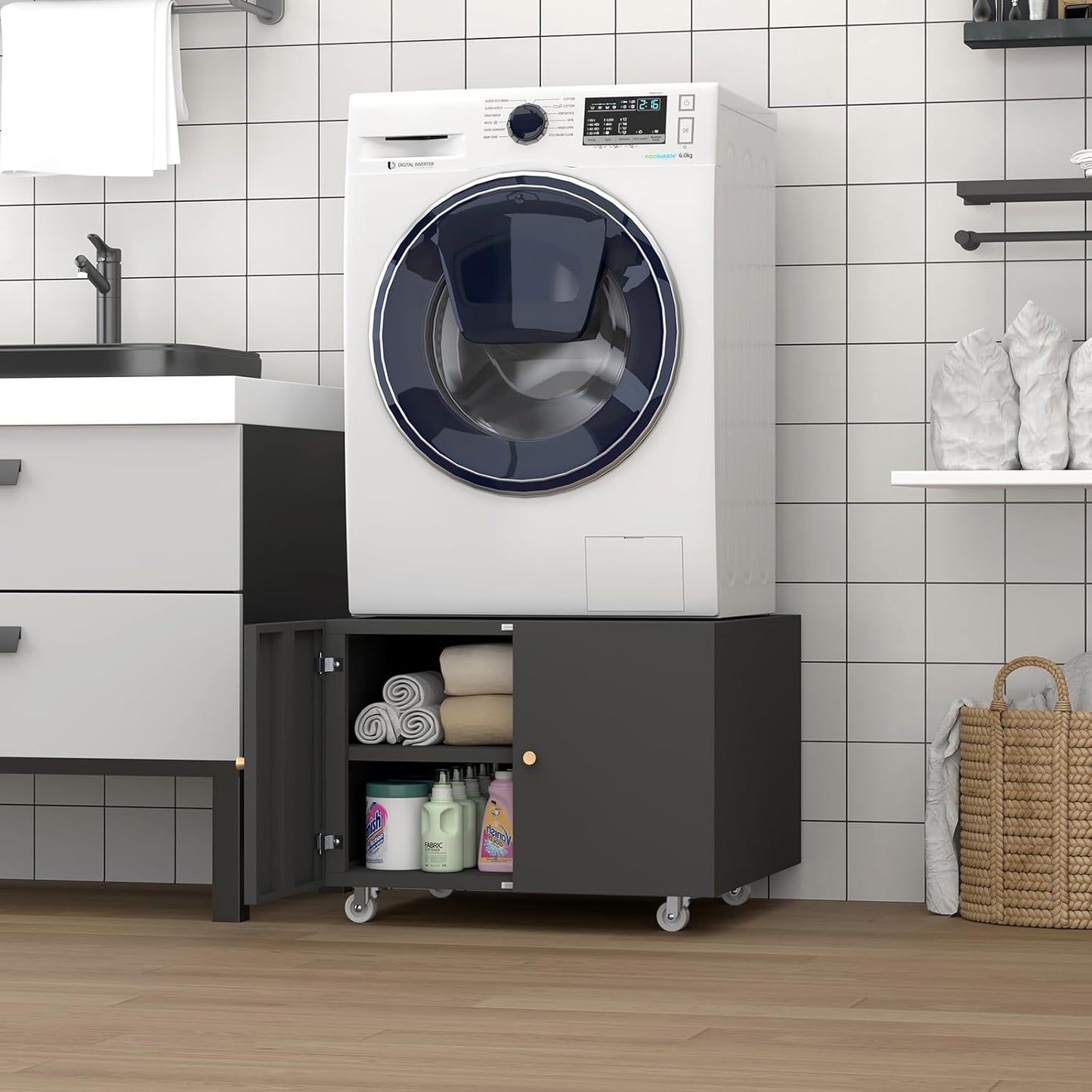 Small Space Printer Stand with Doors, Mini Fridge Stand for Laundry, 3D Printer Stand with Storage, Low Printer Table, Modern Under Desk for Home Office, Small Carts for Scanner, Fax