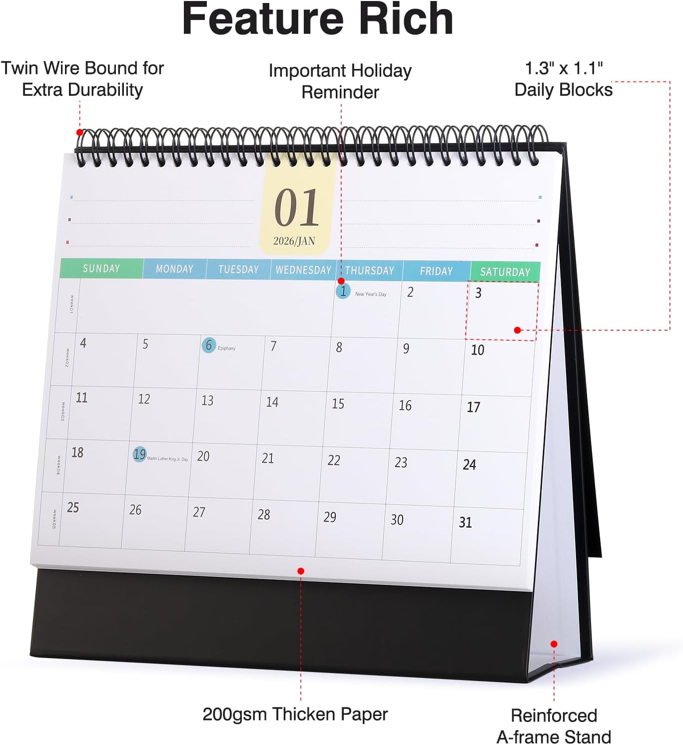 Desk Calendar 2026-2027, 2 Years Calendar Runs from Jan. 2026 until Dec 2027, Table Monthly Planner with Stickers for Home,Office,School Organization(L-Black+White,9.8" x 9.6")