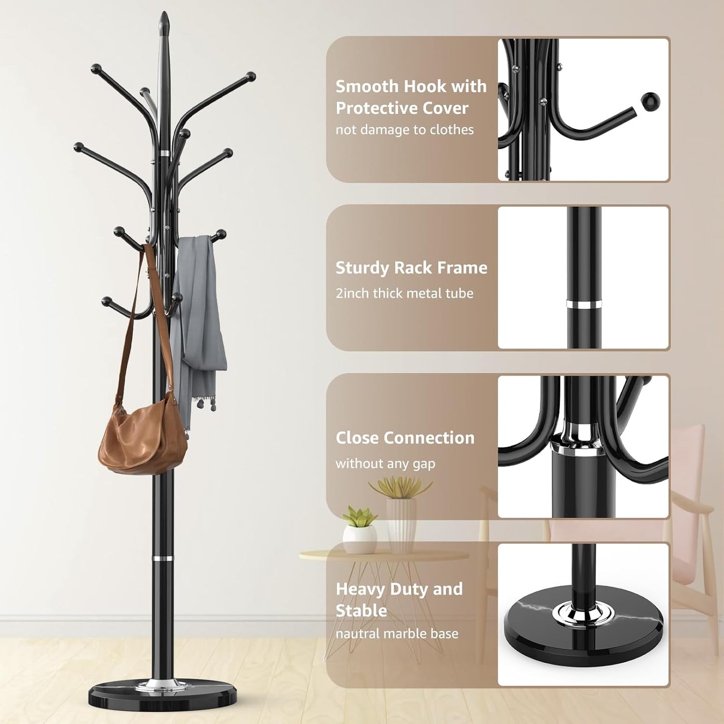 Heavy Duty Coat Rack with Marble Base, Freestanding Hall Coat Tree with 12 Hooks and 3 Adjustable Sizes, Metal Coat Rack Stand for Entryway, Bedroom, Office Hanging Purses, Coats, Scarves, Hats