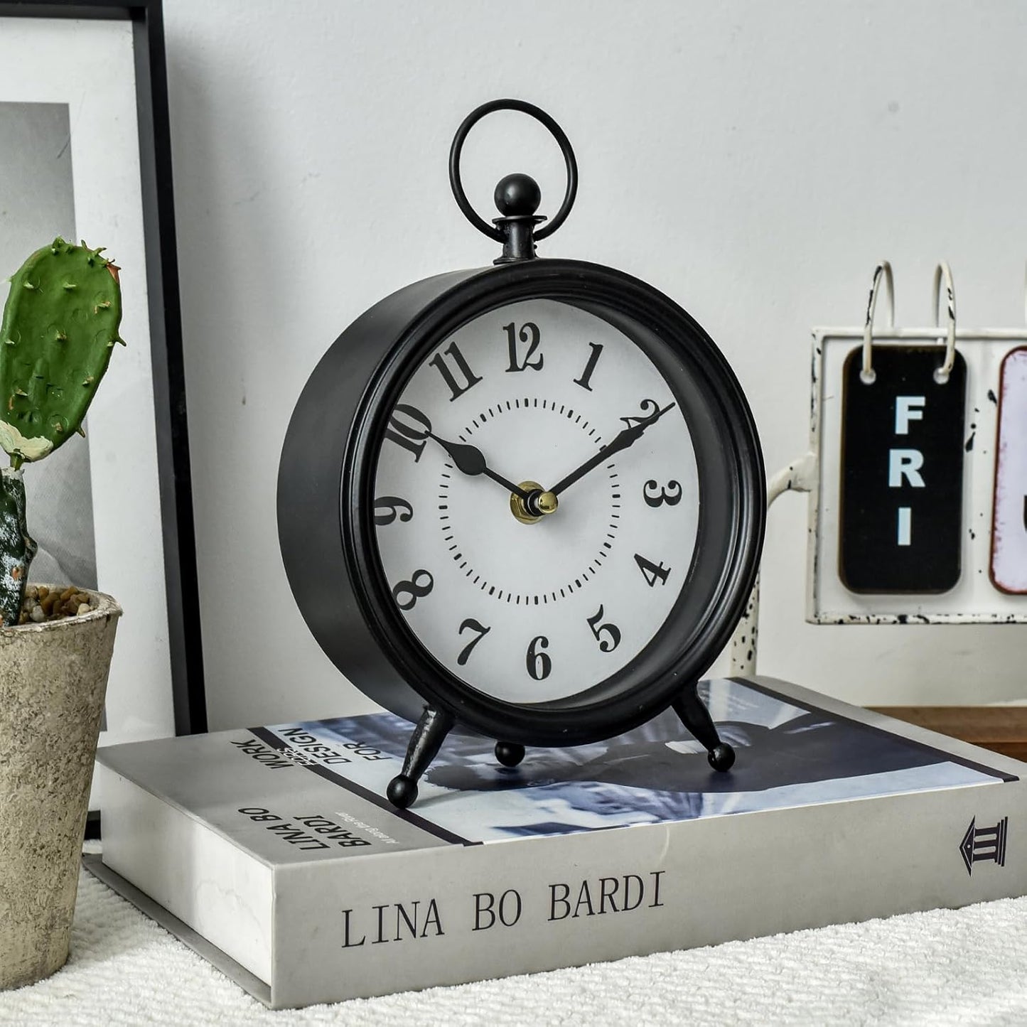 Vintage Non-Ticking Black Table Clock with Stand, Decorative Clock for Desk and Shelf, Rustic Farmhouse Style Mantel Timepiece