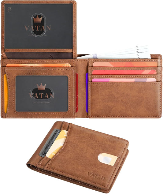 VATAN Wallet for Men, Mens Minimalist Wallet Credit Card Holder, Slim Leather Rfid 2 ID Window Large Capacity With Gift Box (Crazy Horse Brown)