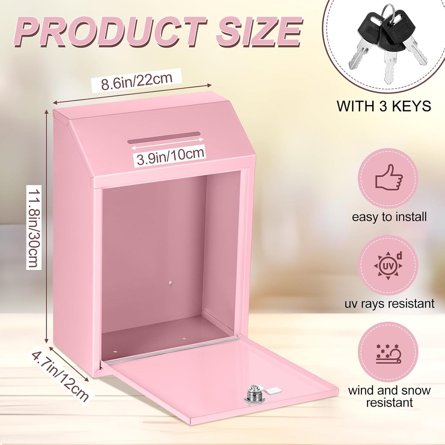 Metal Donation Cash Box Collection Safe Suggestion Box with Lock Wall Mounted Mailbox Delivery Ballot Container for Home Office Outdoor Door(Pink,11.8 x 8.6 x 4.7 Inch)