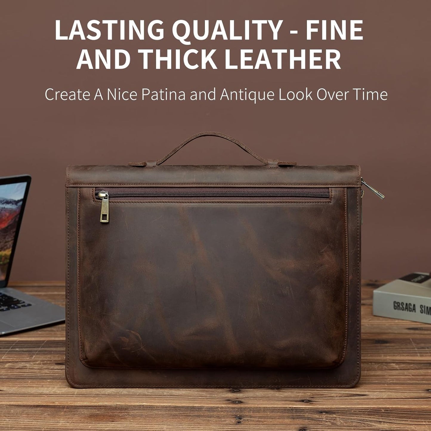 Handmade Vintage Crazy Horse Leather Portfolio,Business Organizer Padfolio with Handle, for iPad Pro/Microsoft Surface Pro/13 inch Tablet, Dark Khaki