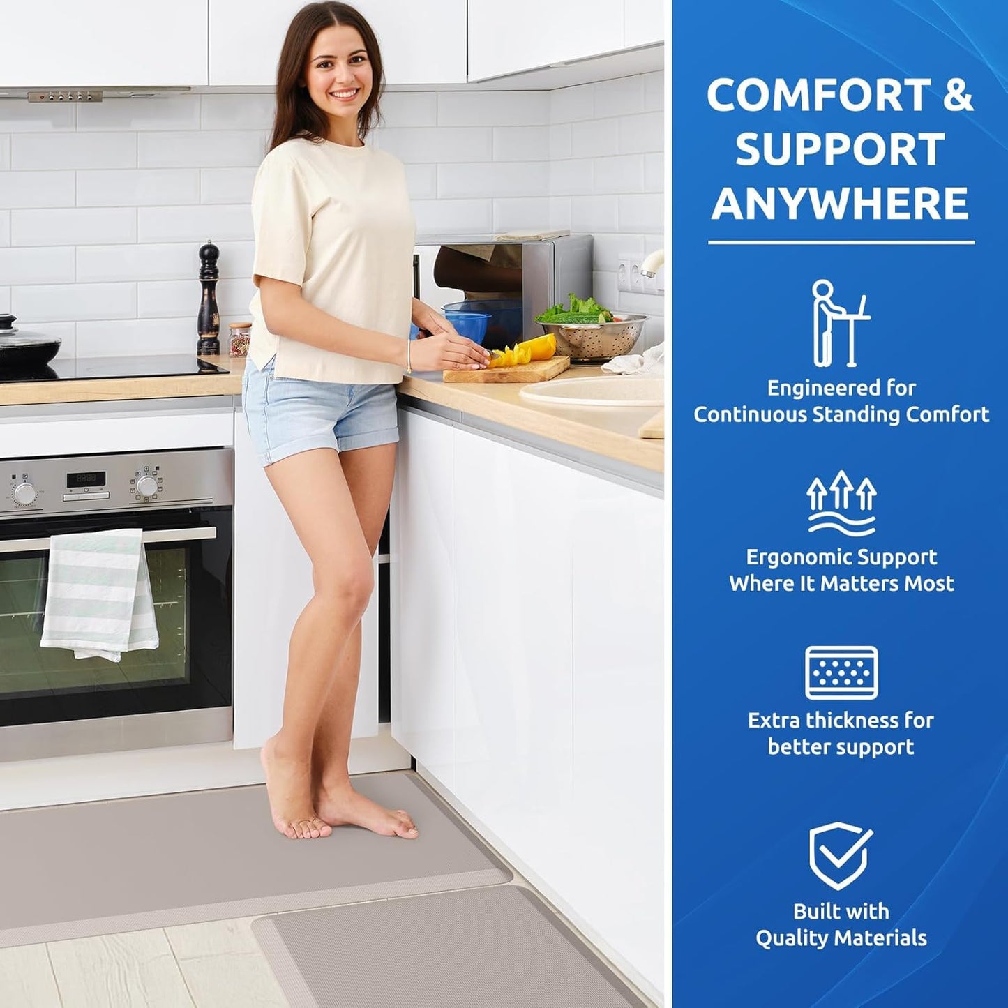 KitchenClouds 2PCS Kitchen Rugs Cushioned Anti-Fatigue Non-Slip Waterproof Kitchen Mat Comfort Foam Standing Mat for Floor Office Sink Laundry (Khaki)