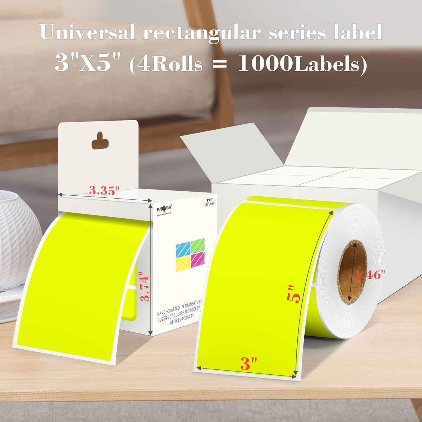 PARLAIM 3x5 inch Rectangle Color Code Stickers, 1000PCS 4 Rolls Square Adhesive Inventory Label, Fluorescent Yellow