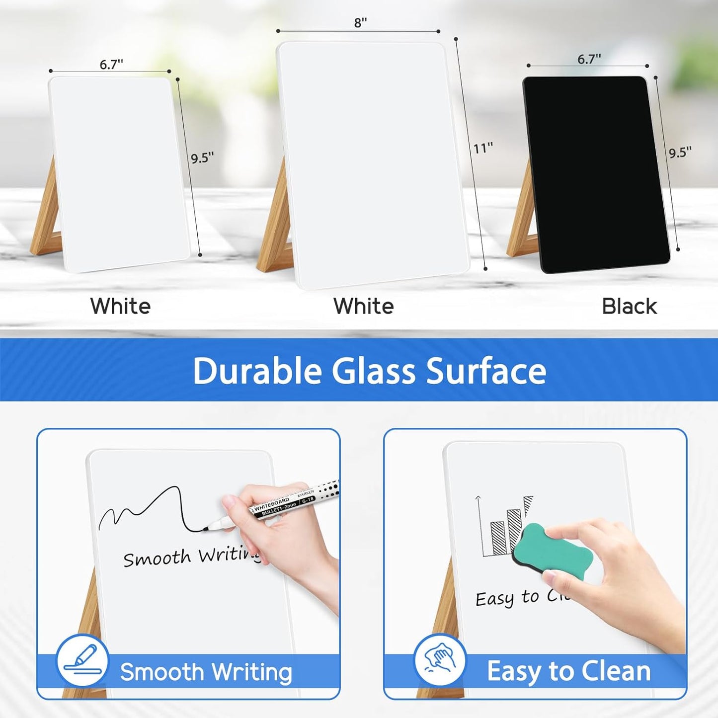 WALGLASS Desktop Glass White Board 11"x 8" with Reversible Wood Stand, Small Dry Erase Board, Portable Whiteboard for Desk, Reusable Desk Notepad with 2 Markers&Eraser for Home, Office