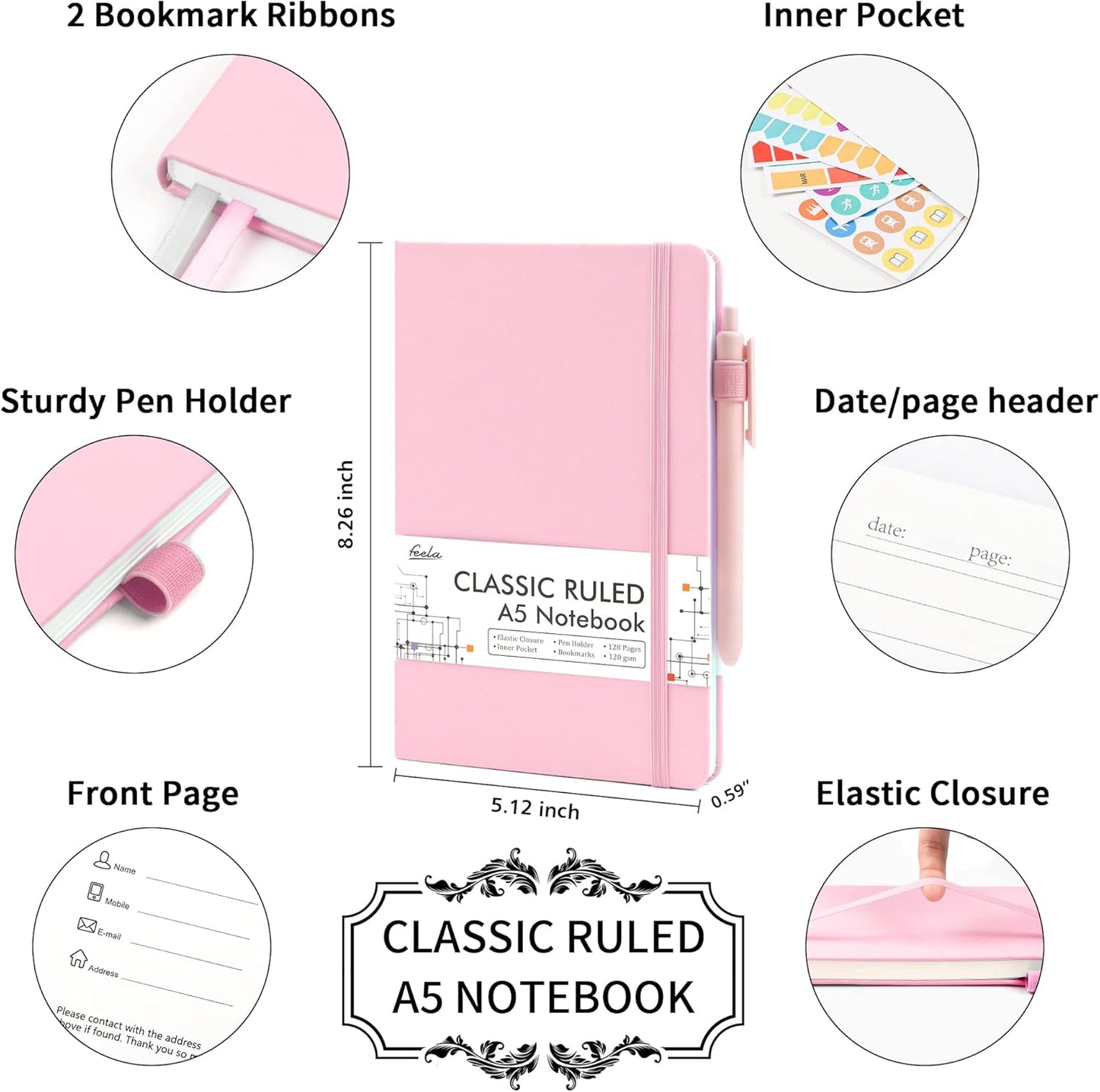 feela 12 Pack Notebooks Journals Bulk, Hardcover Notebook Classic Ruled Lined Journals with Pen Holder for Women Girls School Business Supplies, with 12 Black Pens, 120 GSM, 5.1”x8.3”, A5, Rose Pink