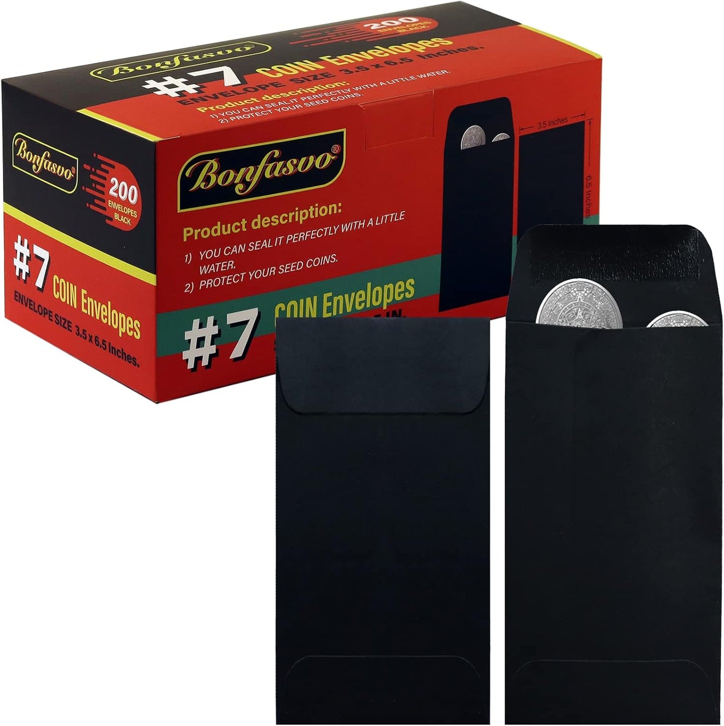 200 Pack #7 Black coin envelope 3.5 x 6.5 inches Kraft Envelopes Classic Small Parts Envelopes with Self Adhesive Gummed Flap for Coins Cash Credit Cards Seeds