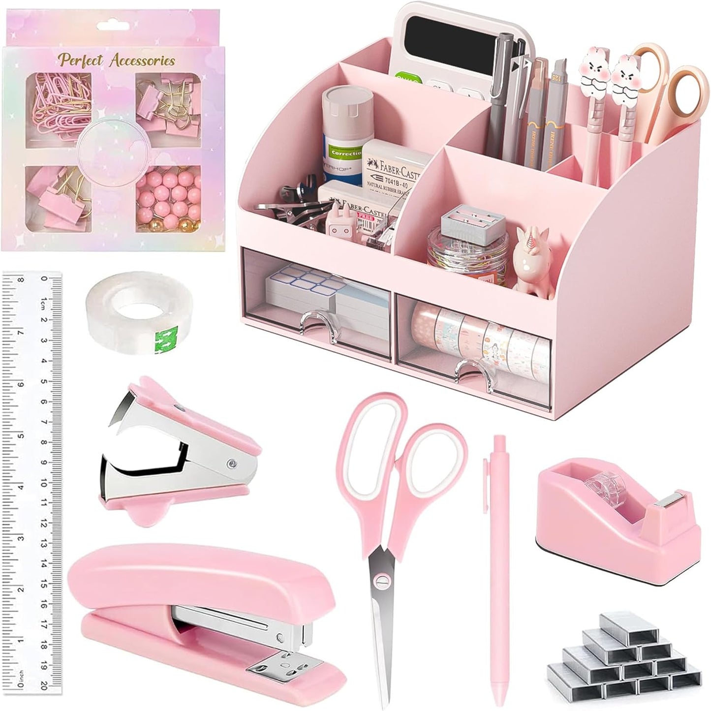 Pink Desk Accessories with Pen Holder, Pink Office Supplies Desk Organizers and Accessories for women, Tape Dispenser, Stapler, Staple Remover, Staples, Clips Set, Ruler, Scissor, Pen, Tape