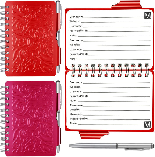 Zonon 2 Pcs Mini Password Book with Alphabetical Tabs Metal Password Keeper Book Portable Organizer Elegant Mandala Pattern Notebook with Pen, Spiral Bound for Information(Red, Rose Red)