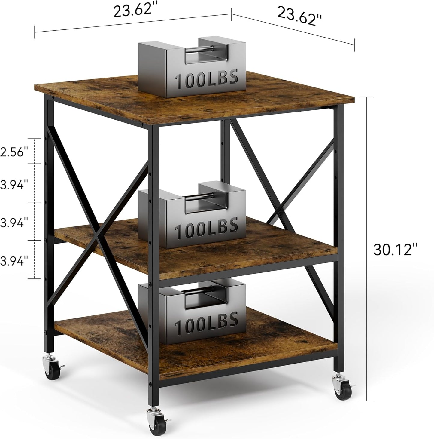 Warmiehomy 24"x24"x30" Large Printer Stand with Storage, 3 Tier Rolling Printer Cart Table, Mini Fridge Stand with Wheels, Use for 3D Laser Printer Home Office, Rustic Brown