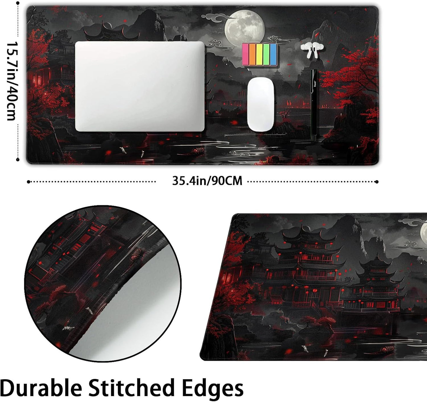 Full Moon Night Gaming Mouse Pad XXL Black Red Mountain Japanese Extended Large Mat Mousepad Desk Pad Non-Slip Rubber Base Stitched Edge Keyboard Pad Playmat for Computer,35.4×15.7 Inch