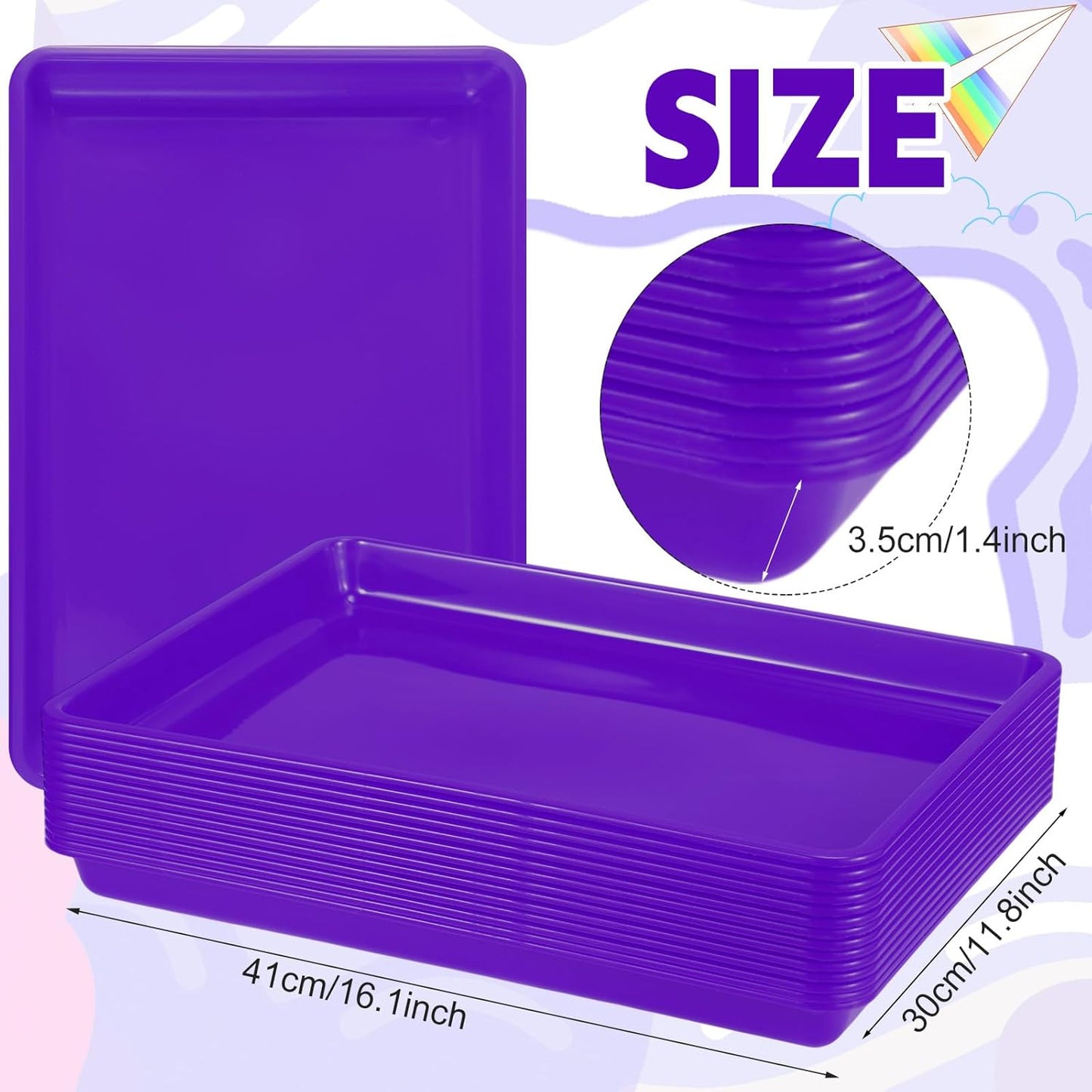 Maitys 15 Pcs Flat Plastic Trays 16.1 x 11.8'' Sensory Storage Paper Tray Stackable Classroom Bins for Office Home Organizer Crafts Supplies(Purple)