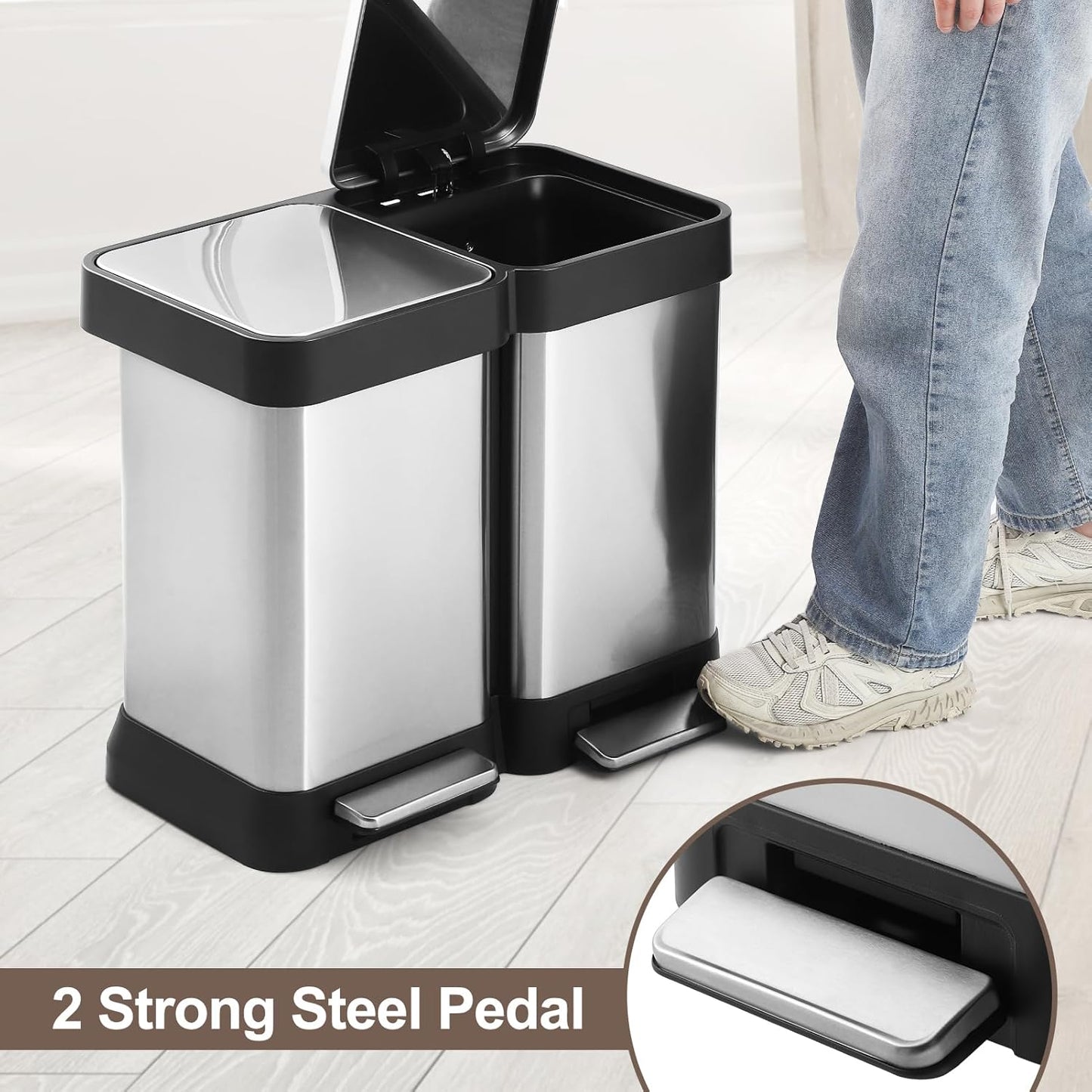 13 Gallon Dual Compartment Trash Can, 2 x 25L Fingerprint Resistant Stainless Steel Kitchen Garbage Can with 2 Soft-Close Lid & Foot Pedal for Kitchen Office Bathroom, Without Inner Bucke