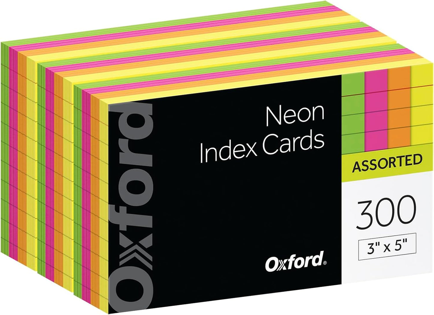 Oxford Neon Index Cards, 3" x 5", Ruled, Assorted Colors, 300 Per Pack (81300EE)