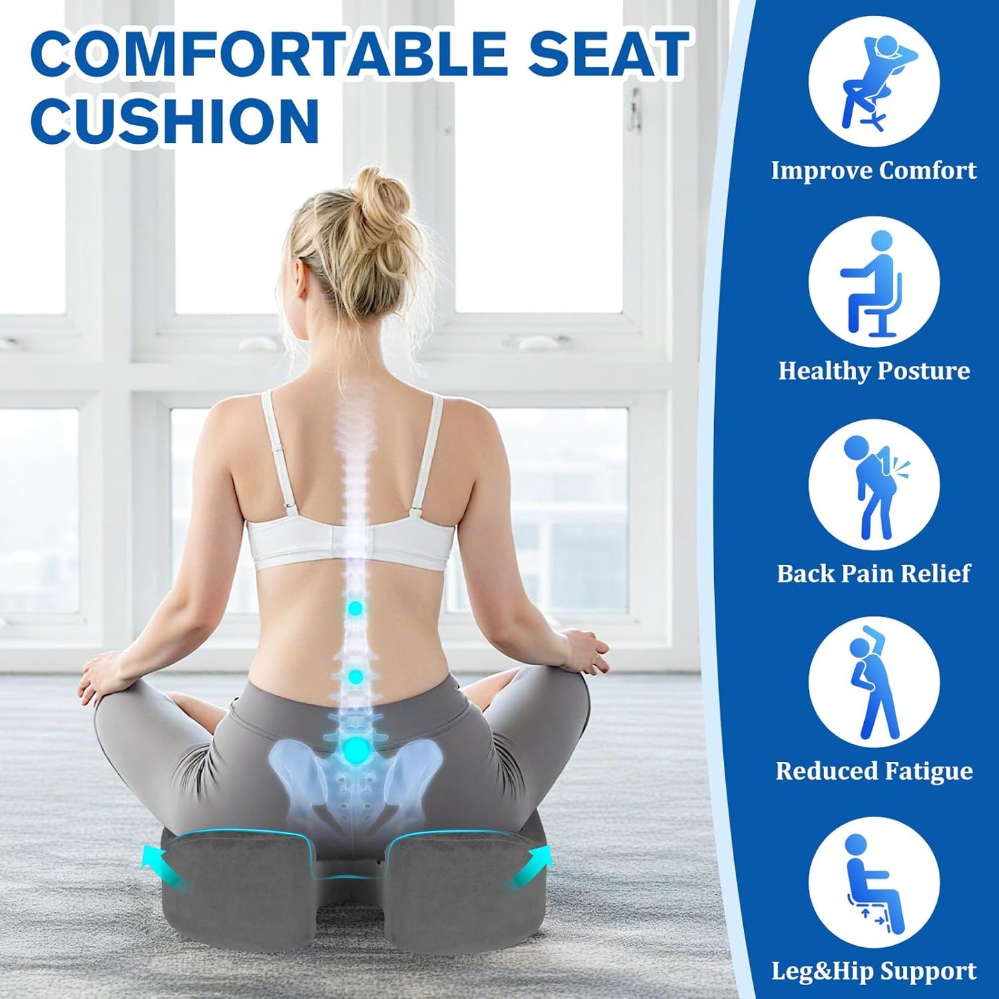 Seat Cushion, Gel Chair Cushions, Office Chair Cushions, Anti-Slip Bottom & Removable Cover Tailbone Pain Relief Cushion, Memory Foam Seat Cushion for Office, Wheelchair, Car (Grey)