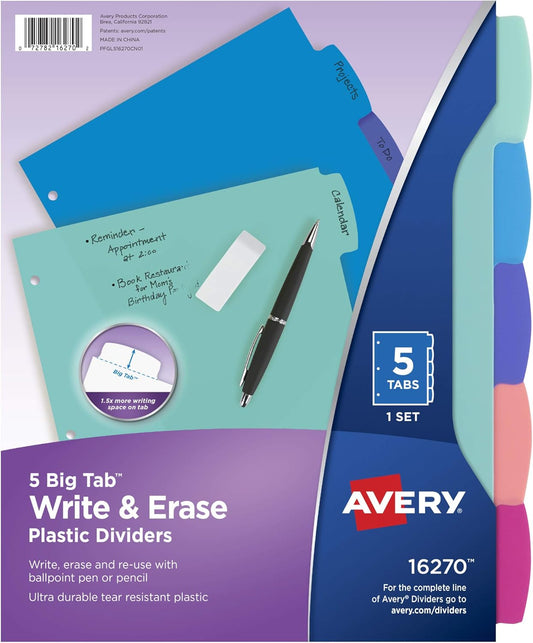 Avery Write & Erase Dividers for 3 Ring Binders, 5 Tabs per Set, Multicolor Big Tabs, Pastels, Binder Dividers Great for Organizing Reports, Projects, and More (16270)