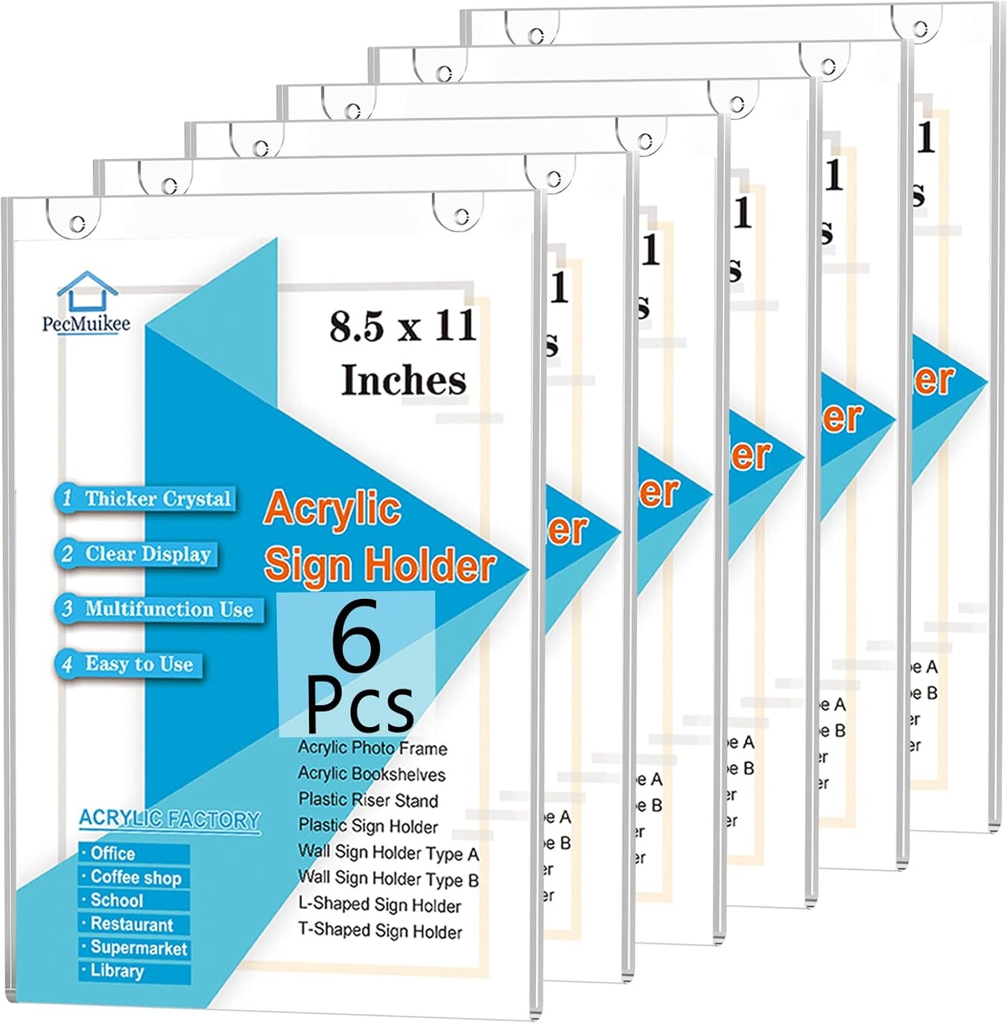 PecMuikee Acrylic Sign Holder 8.5x11, Wall Mount Acrylic Sign Holder and Plastic Paper Display Ad Frame bonus with 3M Tape and Mounting Screws for Restaurants, Office, Market, Library, Store, 6 Pcs