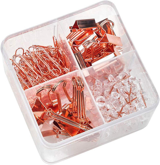 Paper Clips and Binder Clips Set, Metal Assorted Sized Binders with Push Pins, Cute Office Supplies for Desk, Desk Accessories (Square-Rose-Gold)