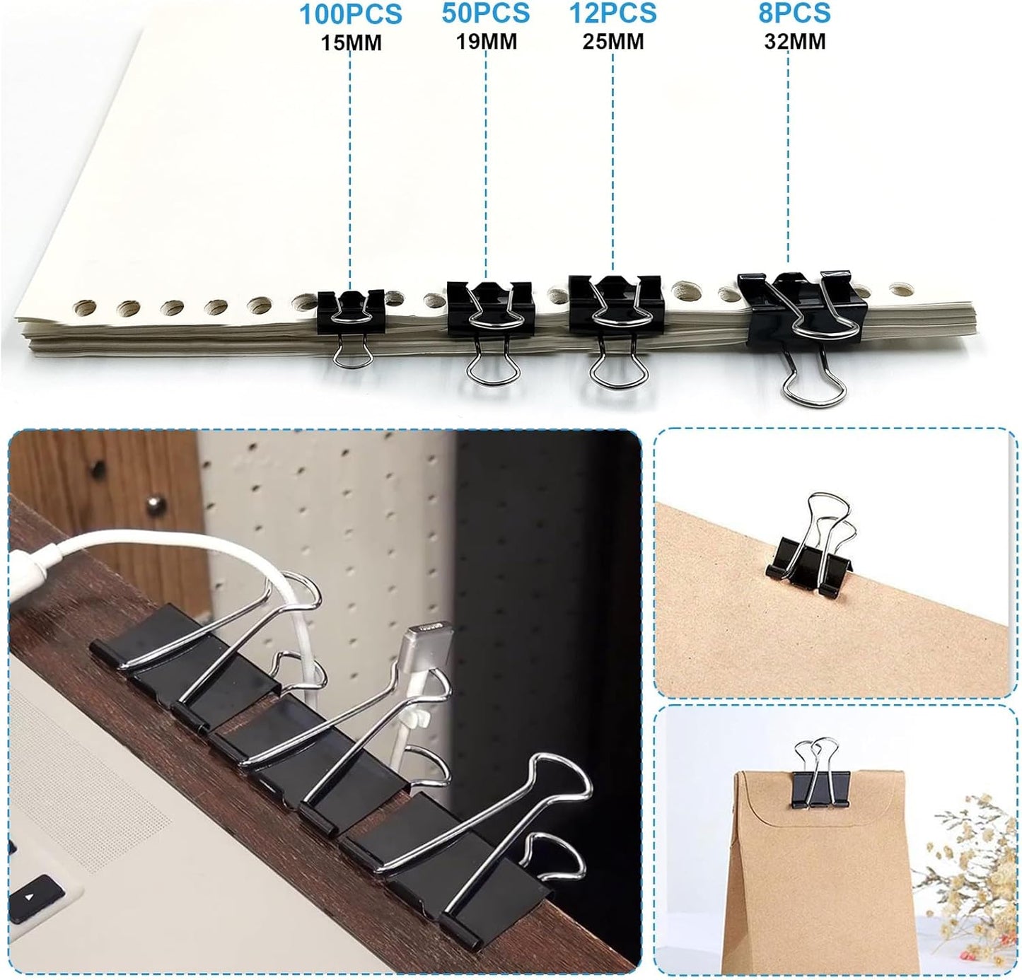 Binder and Paper Clips Set, 340 pcs Assorted Sizes in Container With Compartments - Silver Paper and Black Binder Clips for Home, School, Office Supplies