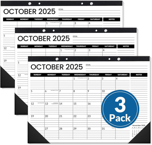 SUNEE Desk Calendar 2025-2026 3 Packs - 18 Month Calendar Oct 2025 - Mar 2027, 17" x 12" Desktop Calendar with Notes, for Planning, Organizing in Family, School or Office - Black 2026 Calendar