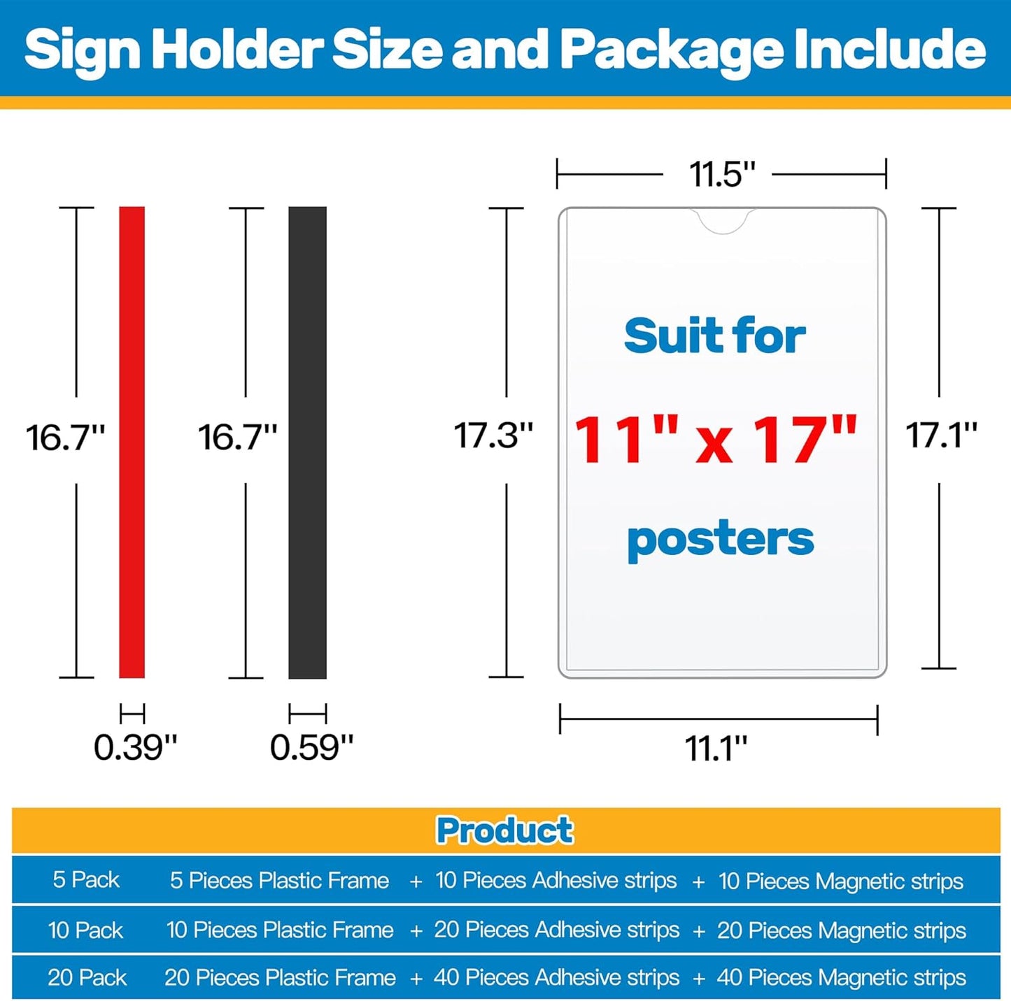 Magnetic Sign Holder 11 x 17 Adhesive Frame 5 Pack, Rigid Plastic Document Paper Holder with Magnet & Adhesive Strips, Wall Door Sign Holders Magnetic Frame for Office Home Store Restaurant