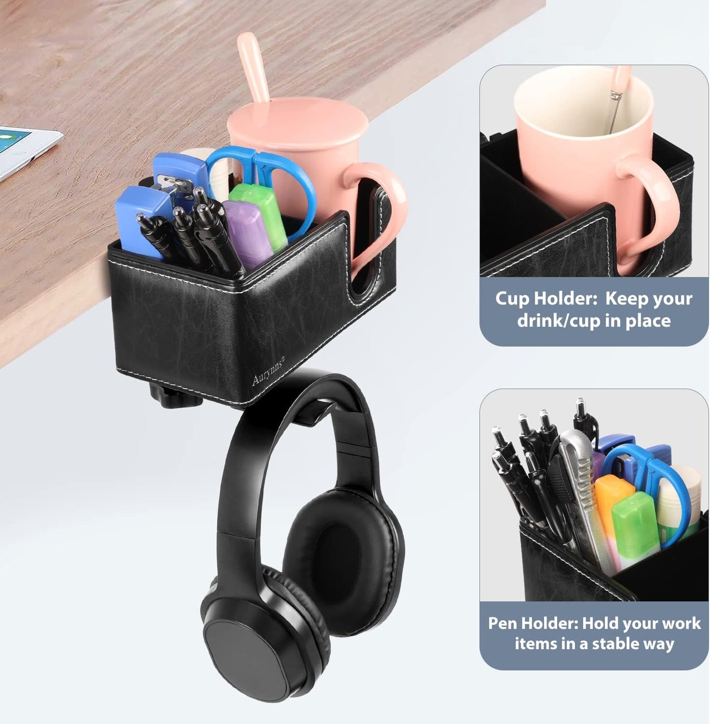 Desk Cup Holder Clip on Pen Holder Headphone Hanger Headset Stand Rotatable Clamp Hook Under Desk (Black)