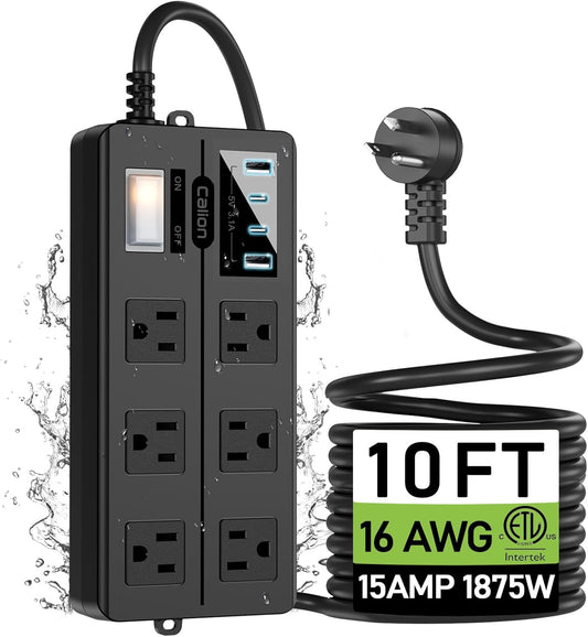 Outdoor Power Strip Weatherproof,Patio Waterproof Surge Protector with 4 USB Ports and 6 Outlets, 10 FT Extension Cord with Flat Plug,Shockproof Overload Protection,Mountable for Home Office Porch
