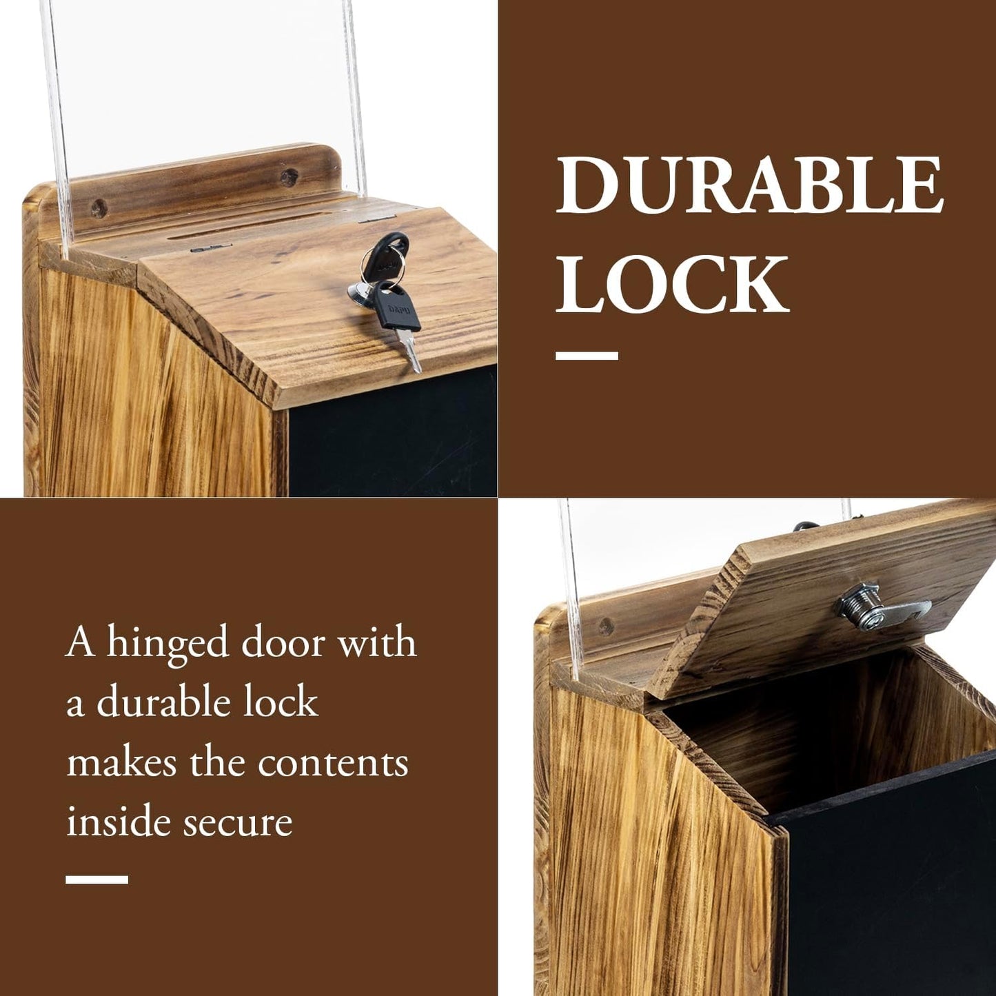 MyGift Rustic Burnt Wood Wall Mountable Fundraising Donation Suggestion Box / Comment Ballot Box with Lock and Key, Clear Acrylic Sign Holder and Chalkboard Surface