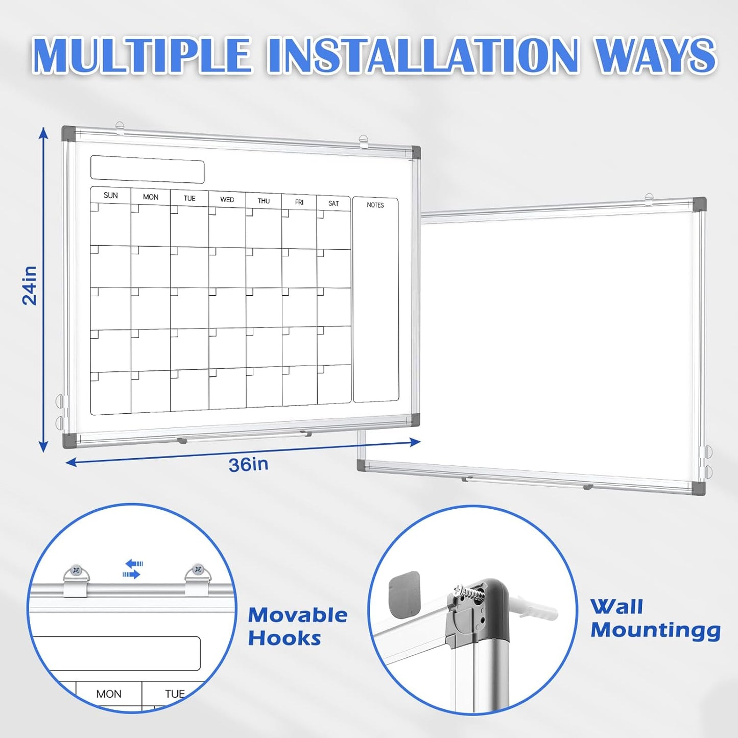 Monthly Calendar Dry Erase Whiteboard for Wall, 36" x 24" Double-Sided Calendar White Board, Magnetic Portable Board for Office, Kitchen, School, Home