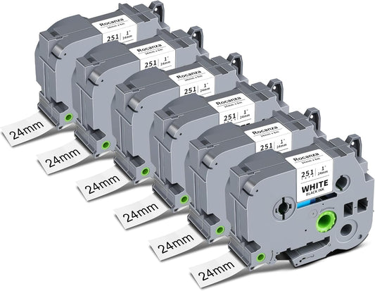Replace for Brother TZe-251 24mm 0.94 Laminated White TZ Tape TZe251 PTouch Tape 1 Inch Work with Brother P Touch D600 E500 P700 P710BT P750W P910BT D410 PTD460BT D610BT Label Maker, 6-Pack