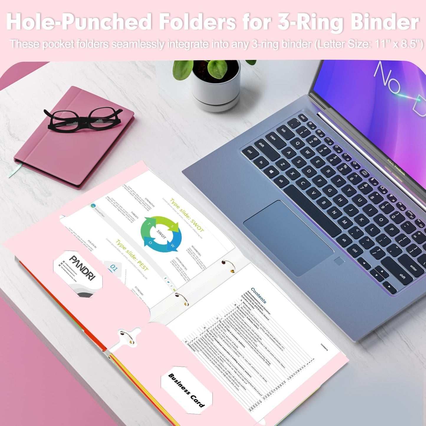 Two Pocket Portfolio Folders, PANDRI 60 Pack 3 Hole Punched 2 Pocket Folders for 3 Ring Binder, Letter Size Paper File Folder for School Office Home Business, Pink