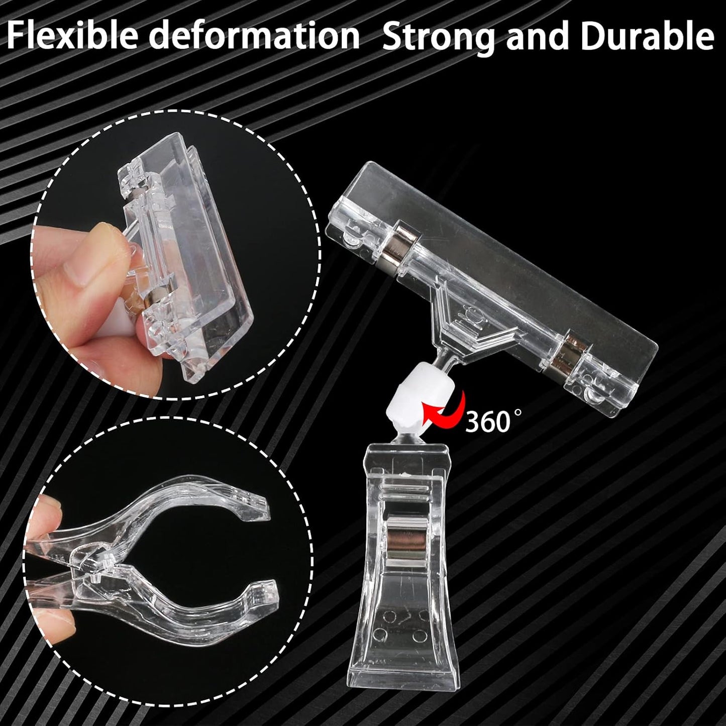 Mlici 16 Pieces Clear Sign Clips, Plastic Merchandise Rotatable Pop Clip Sign Holder Stand, Swivel Clips Clothing Rack Signs, Double Display Clips for Retail, Baskets, Cards