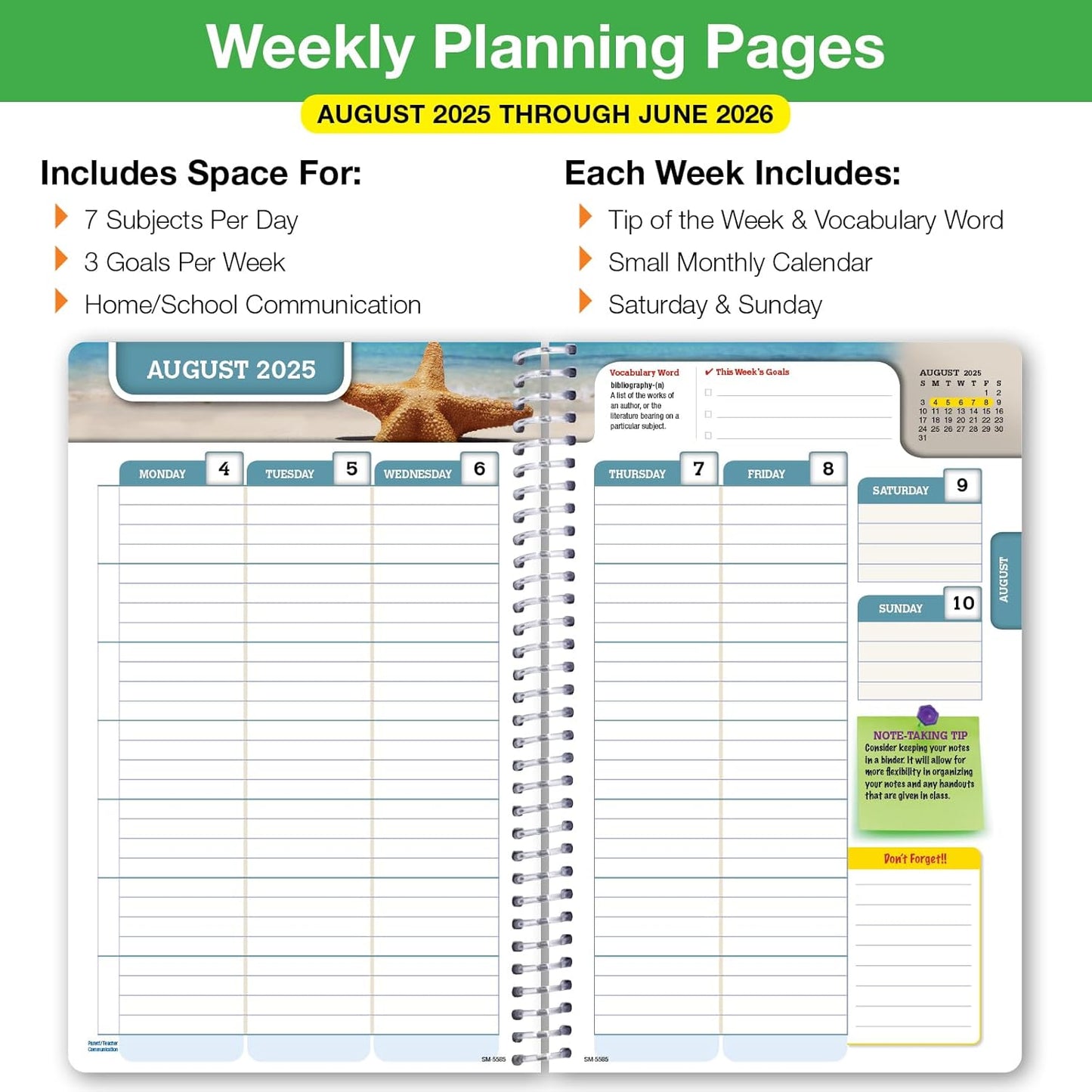 Global Datebooks Dated Middle School or High School Student Planner for Academic Year 2025-2026 Includes Ruler/Bookmark and Planning Stickers (Matrix Style - 5.5"x8.5" - Spectrum)