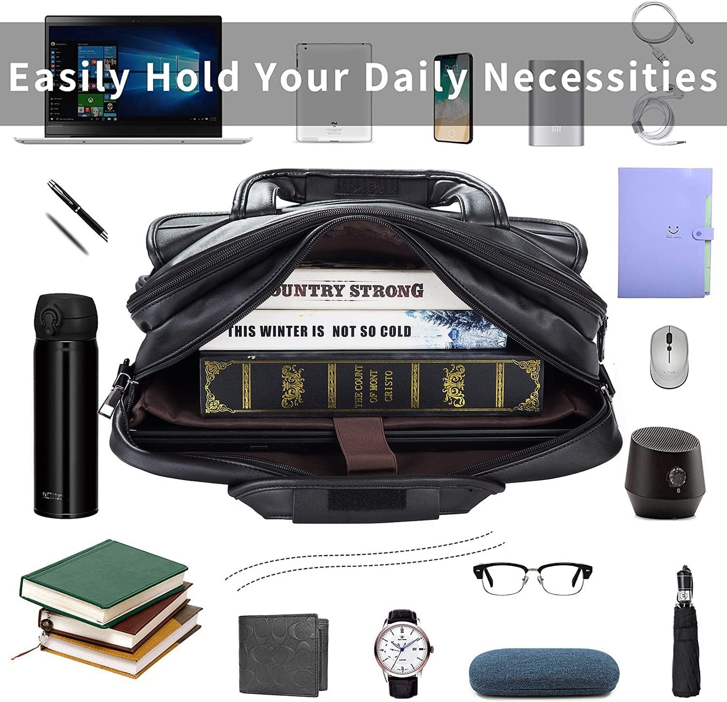 seyfocnia Men's Business Travel Briefcase Leather Handmade Messenger Bags Laptop Bag