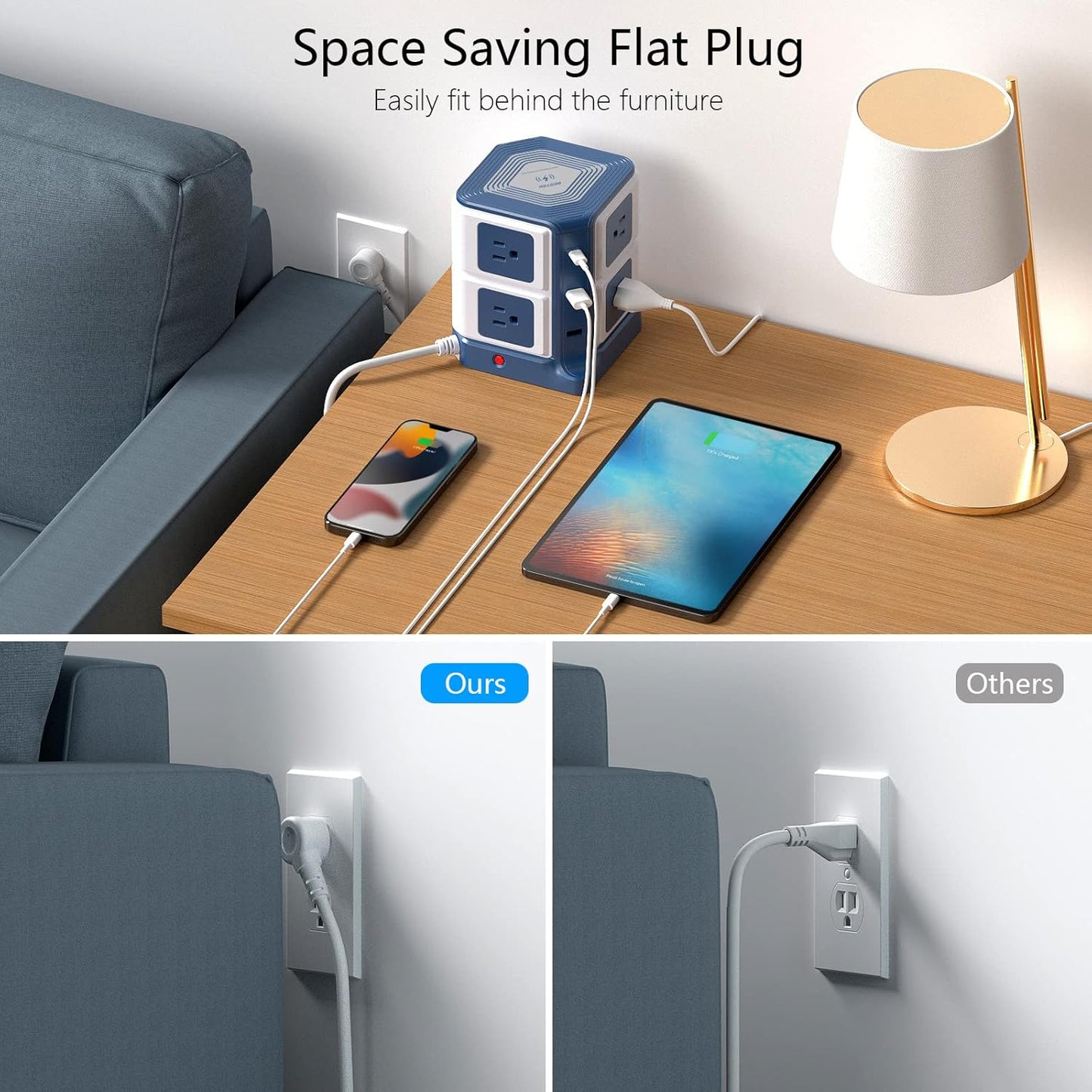 PD 20W USB C Power Strip with Wireless Charger BESTEK 8-Outlet Surge Protector and 30W 3-Port USB Charging Dock Station,4000 Joules,ETL Listed,Dorm Room Accessories (8AC+3USB+Wireless Charger-Blue)