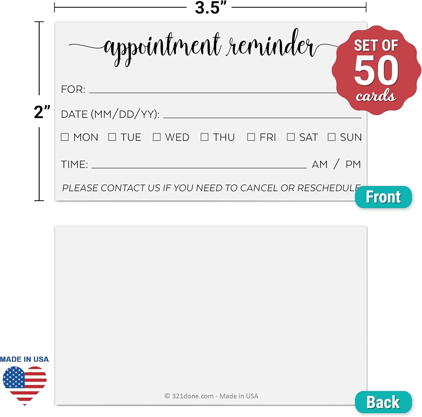 321Done Appointment Reminder Card (50) 2x3.5 White - Business Card Size Your Next Appointment for Hair Nail Salon, Spa, Massage, Hairdresser, Grooming, Doctor, Dentist Office - Simple, Cute