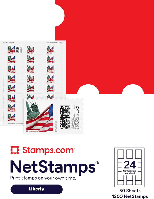 Liberty NetStamps 1200-Pack (50 Sheets) Printable Postage Labels (Stamps.com Subscription Required) - Print Approved Postage - Inkjet & Laser Printers - Business, Personal, Home
