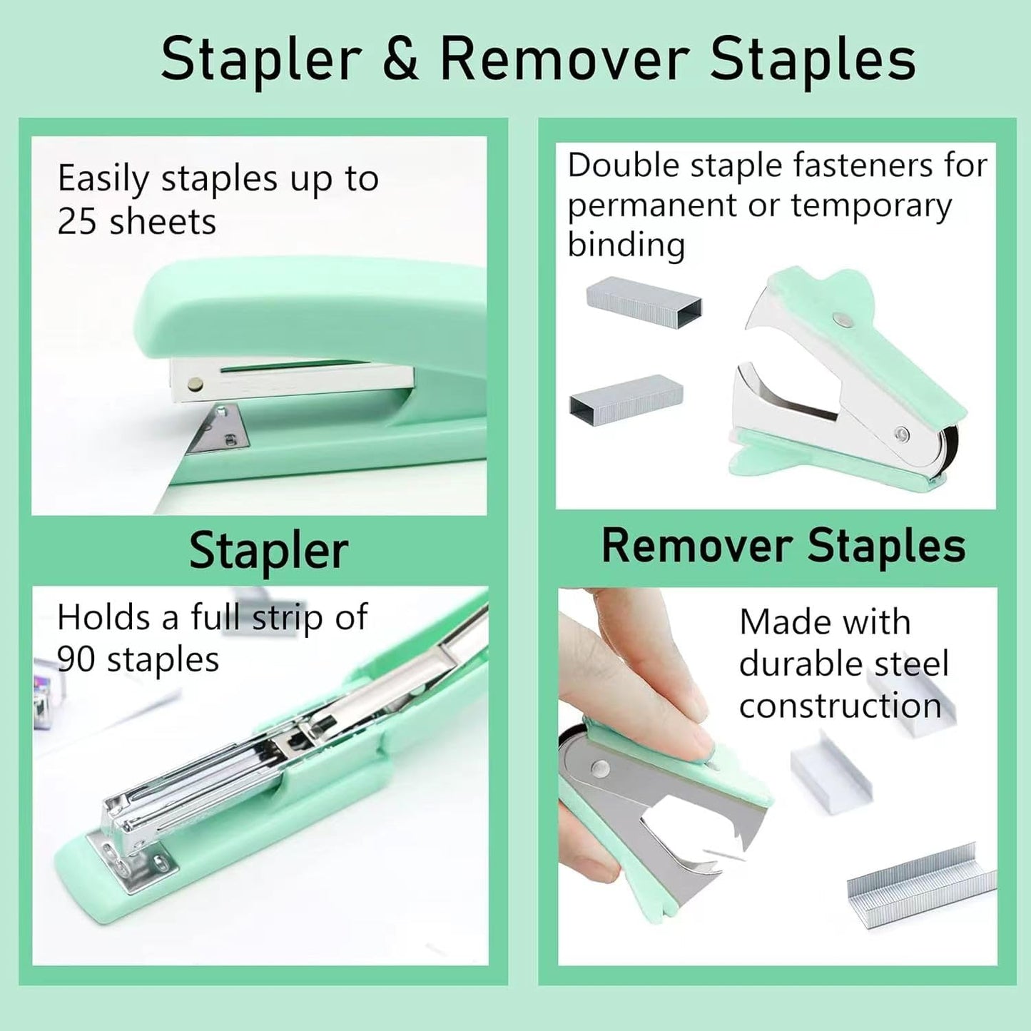 Green Desk Accessories, Pink Office Supplies Set with Stapler, Tape Dispenser, Staple Remover, Pen Holder, Scissor, Binder/Paper Clips, Ballpoint Pen, Clear Tape and 1000pcs Staples