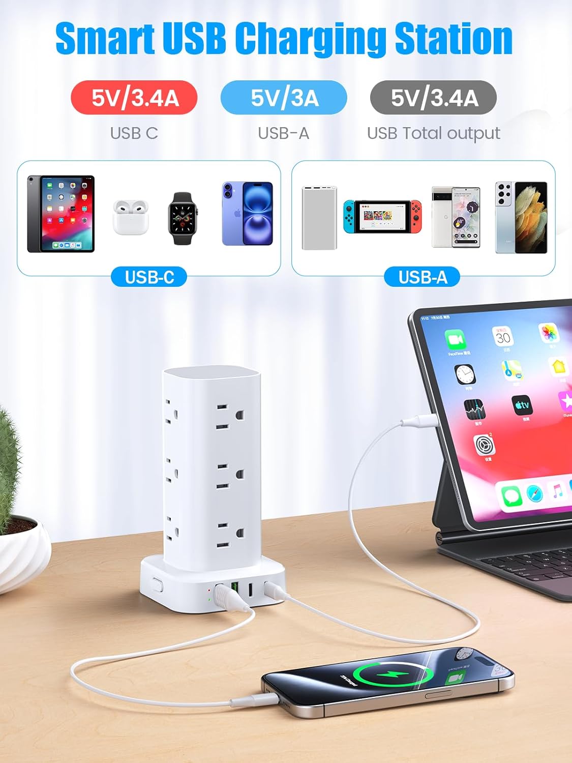 Tower Power Strip with 15W Wireless Charger, 10FT Flat Plug Extension Cord with Multiple Outlets, 12 AC Outlets, 4 USB Ports (2 USB C) Charging Station Surge Protector for Office Home Dorm Room(White)