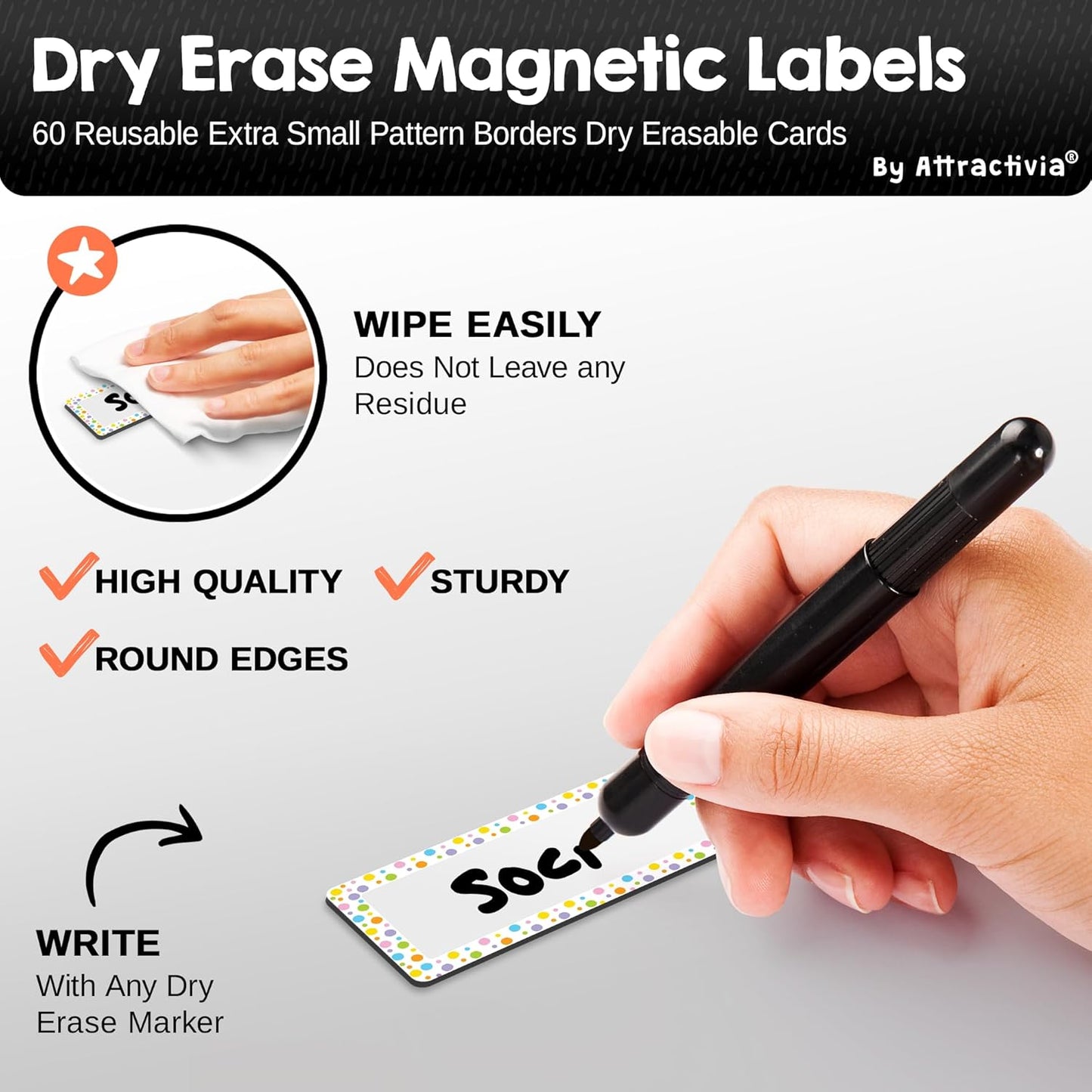 Erase Magnetic Labels 2.8 x 1.2 in, Pattern Borders, Dry Erase Magnets, 60-Pack, White Erasable Write-On All-Purpose Labels, for Office, Education, Home, Whiteboard, Magnetic Name Tags