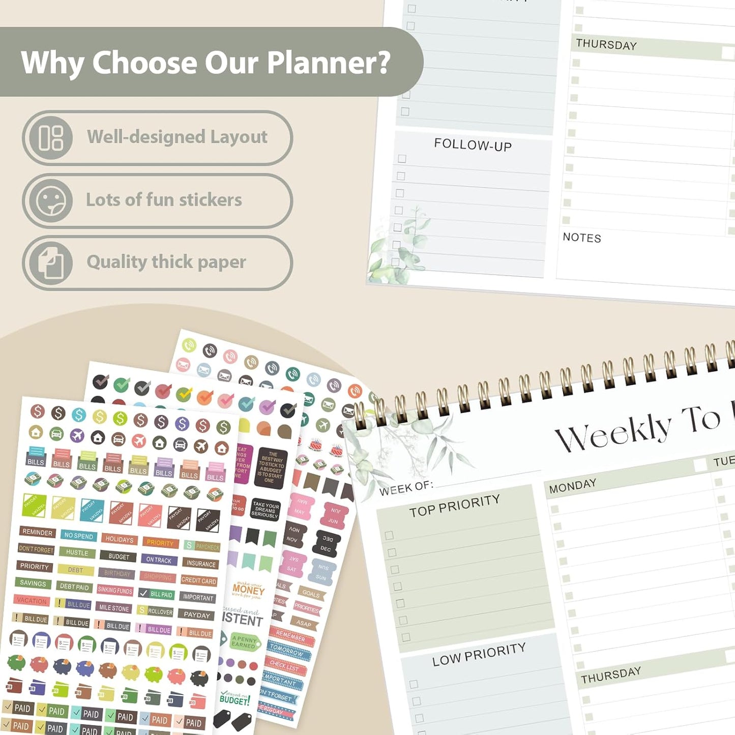 Weekly To Do List Notepad, Undated Planner with 52 Sheets (8.5''x11''), Desk Weekly Planner for Women & Man, Home School & Work