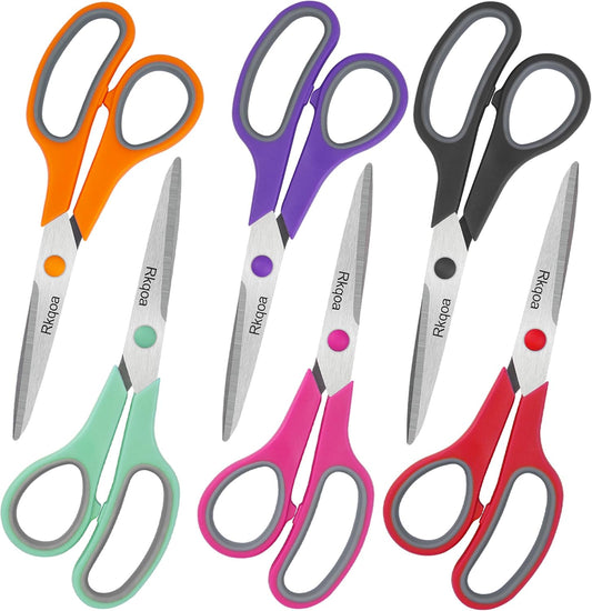 Scissors, Rkqoa 8" Adult Scissors All Purpose 6 Pack - Comfort-Grip Sharp Shears for Office School Sewing Fabric Craft Art Supplies, Teacher/Class Everyday Use, Right/Left Handles
