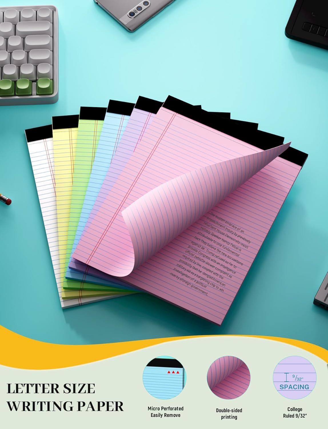 24 Pack Colored Legal Pads 8.5 x 11, College Ruled, 720 Sheets Note Pads 8.5 x 11, Perforated Writing Pads 8.5 x 11, Lined Paper Pads with Sturdy Backing, 30 Sheets Per Notepads for School, Office