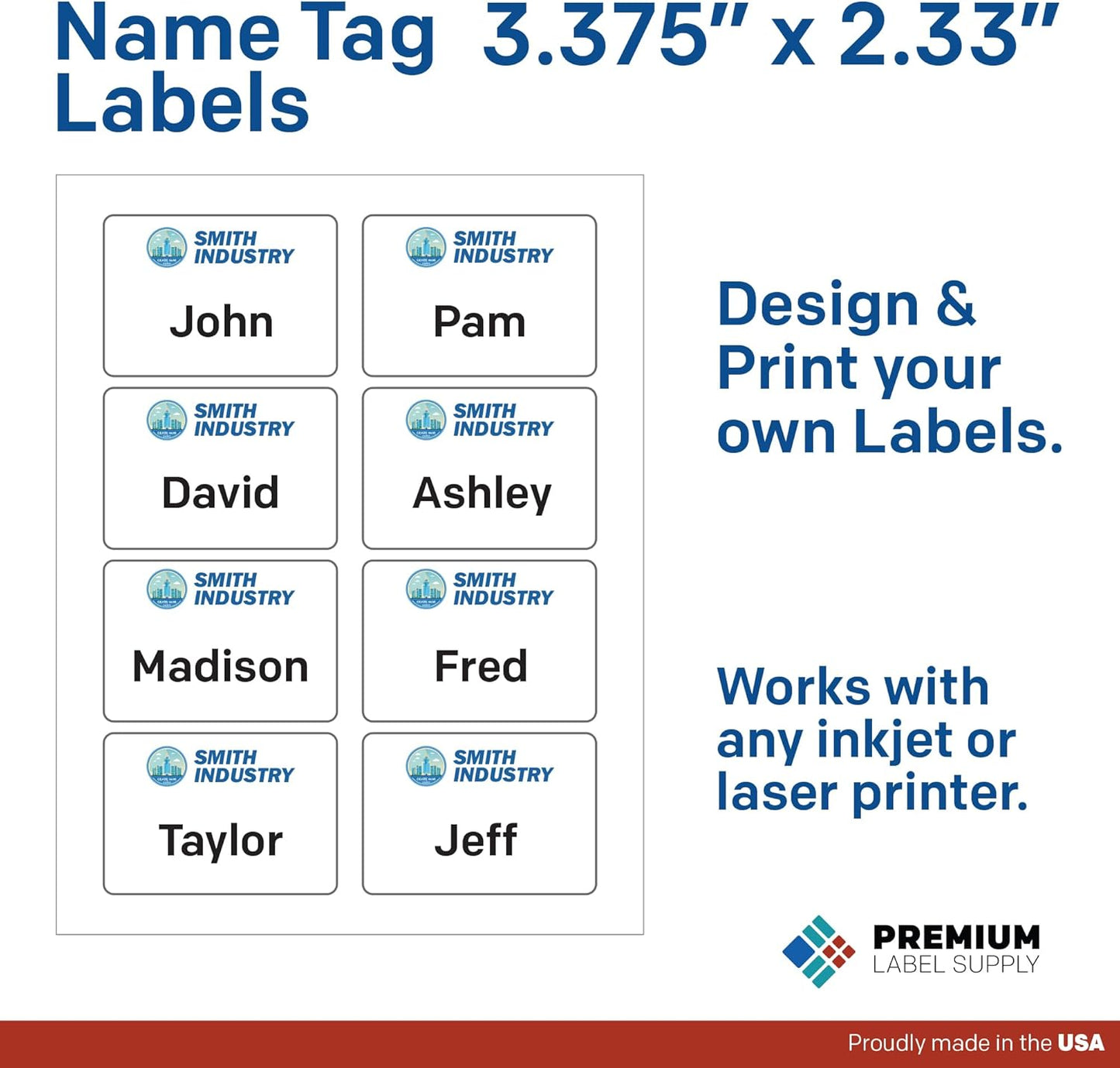 Premium Label Supply Blank Printable Name Tag Stickers - 2-1/3" x 3-3/8" - Laser/Inkjet Compatible – (8 per Sheet) 500 Sheets – 4000 Total Adhesive Name Tag