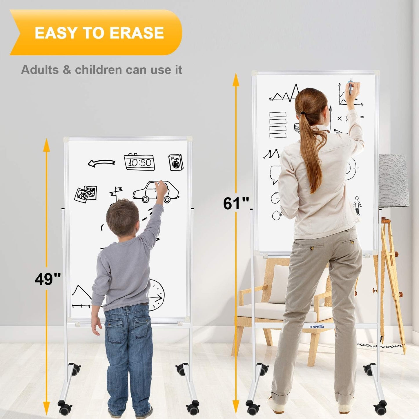 H-Qprobd 24"x36" Dry Erase Board with Stand - Adjustable Height Double Side Mobile Magnetic Rolling Whiteboard on Wheels for Home, Office & School