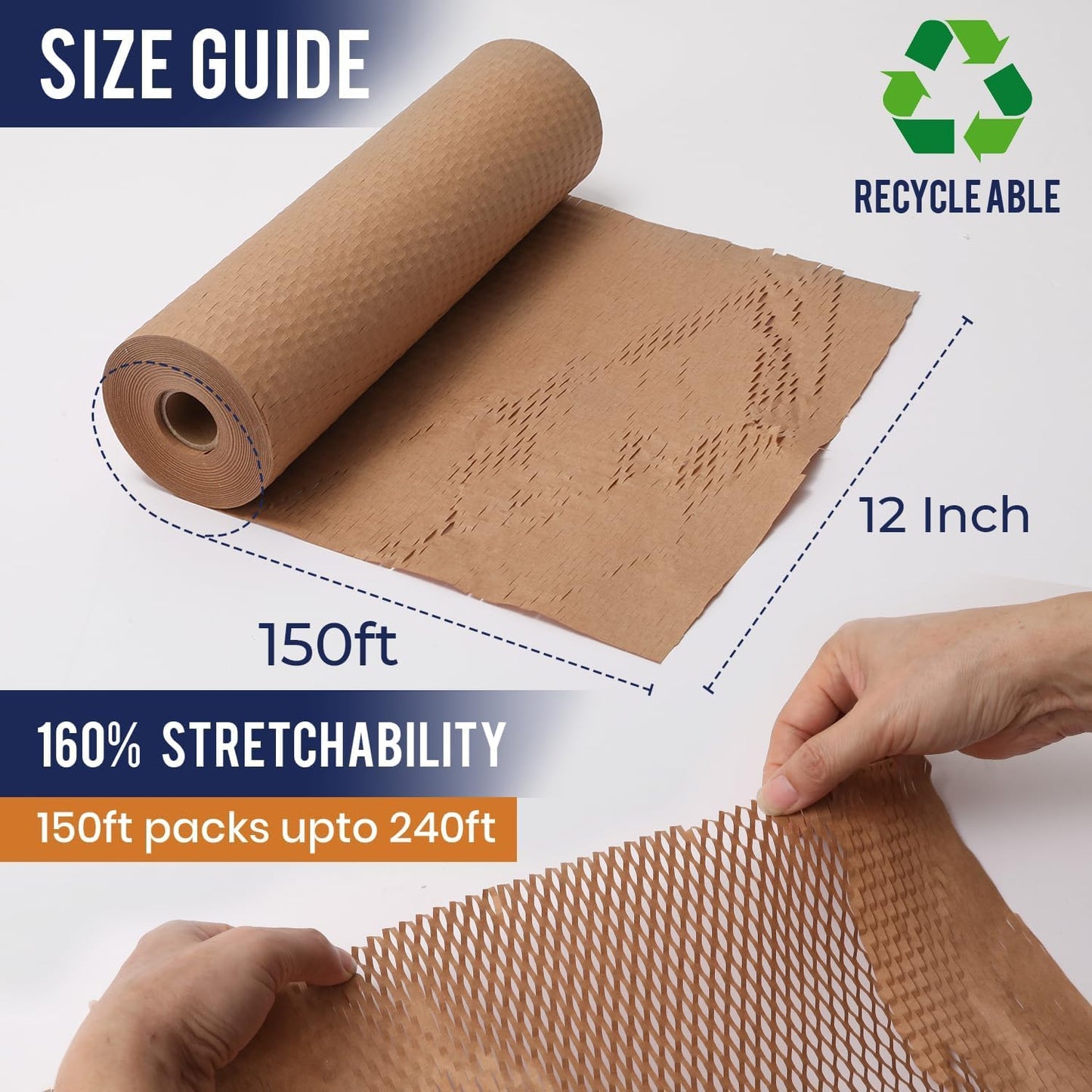 Honeycomb Packing Paper 12" x 150ft with Rope & 20 Fragile Stickers|Shipping & Moving Supplies|Small Business Packaging Supplies|Eco Friendly Bubble Wrap Packing Boxes for Moving Certified FSC C204227